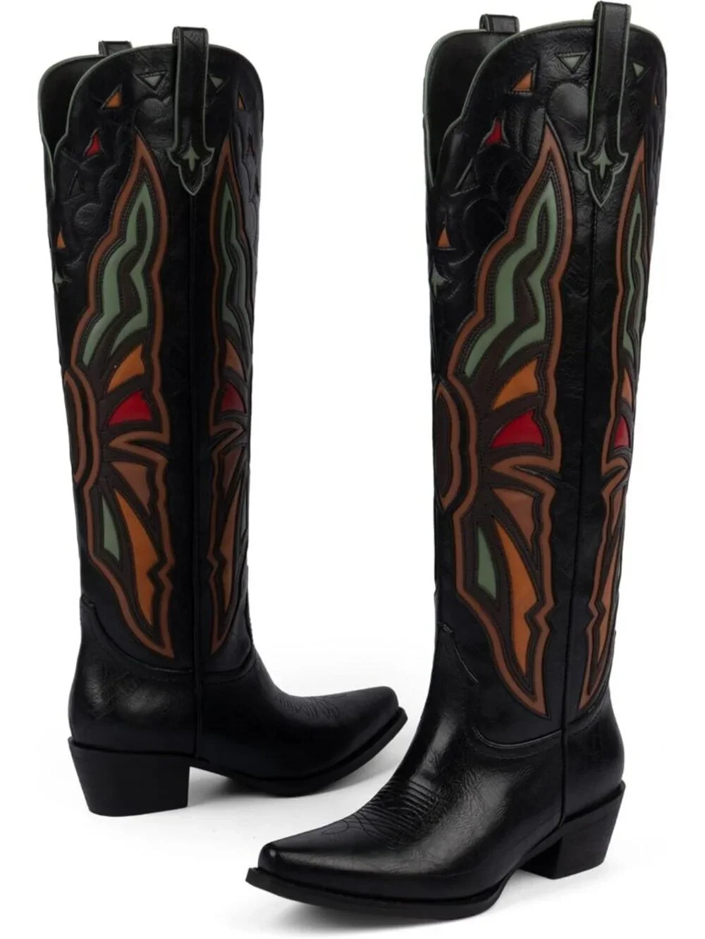 Women's Black Cowboy Knee High Chunky Heel Butterfly Cowgirl Boots Wide Calf